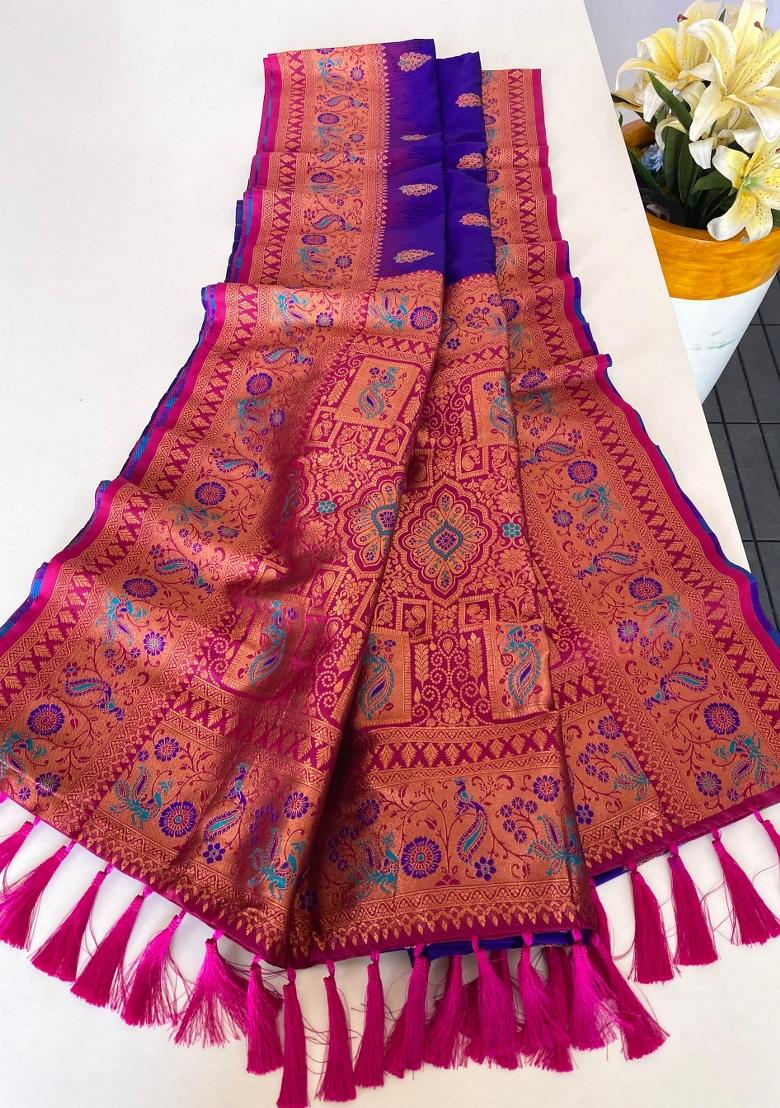Violet Zari Work Silk Saree Set - Indya