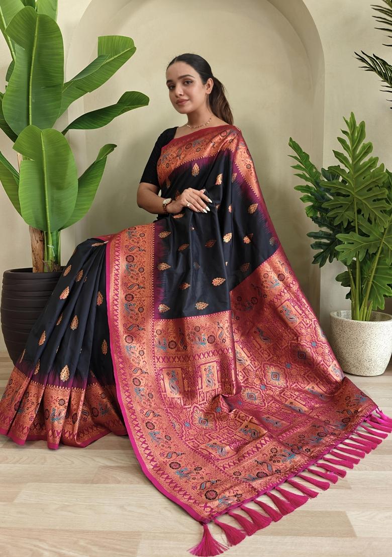 Black Zari Work Silk Saree Set - Indya