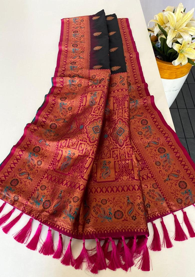 Black Zari Work Silk Saree Set - Indya