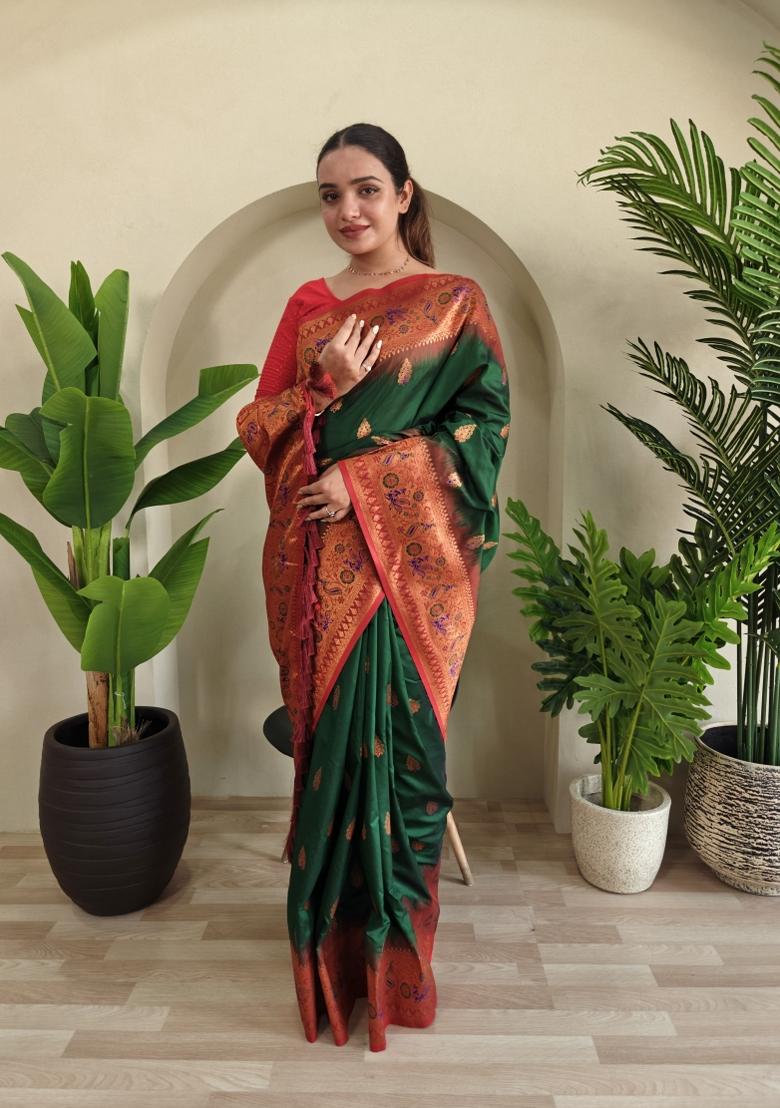 Green Zari Work Silk Saree Set - Indya