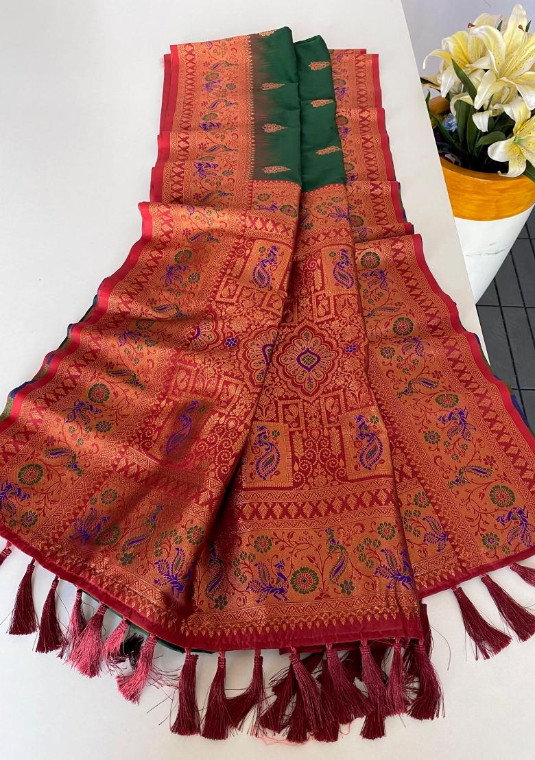 Green Zari Work Silk Saree Set - Indya