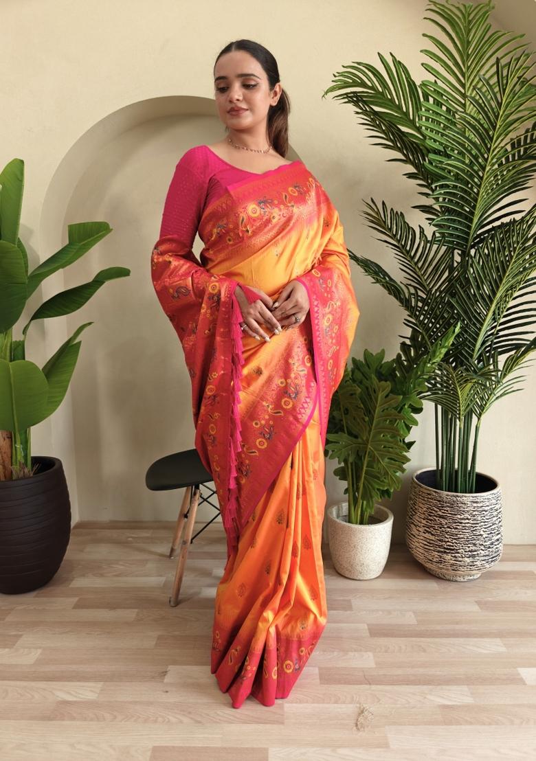 Yellow Zari Work Silk Saree Set - Indya