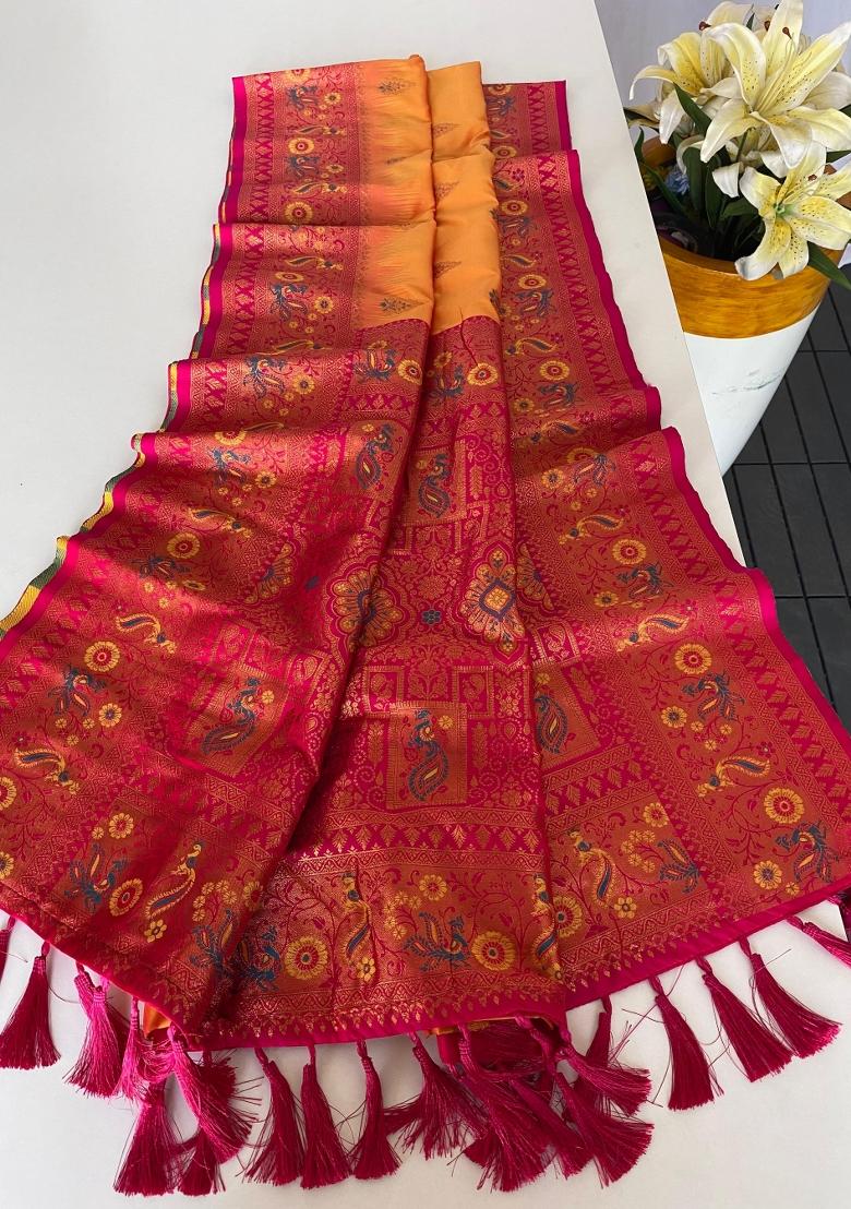 Yellow Zari Work Silk Saree Set - Indya