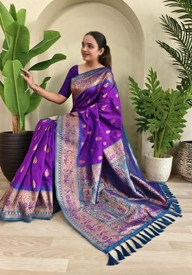 Purple Zari Work Silk Saree Set