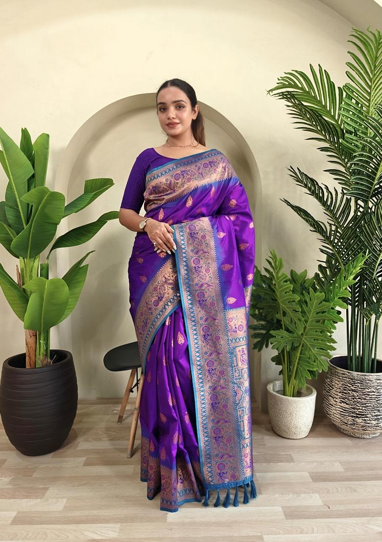 Purple Zari Work Silk Saree Set - Indya