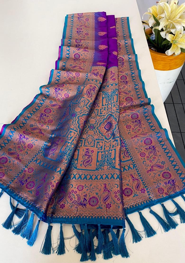 Purple Zari Work Silk Saree Set - Indya