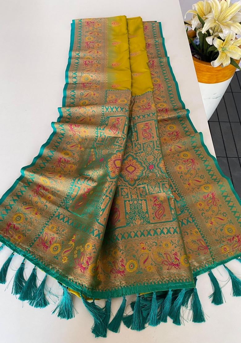 Lemon Yellow Zari Work Silk Saree Set - Indya