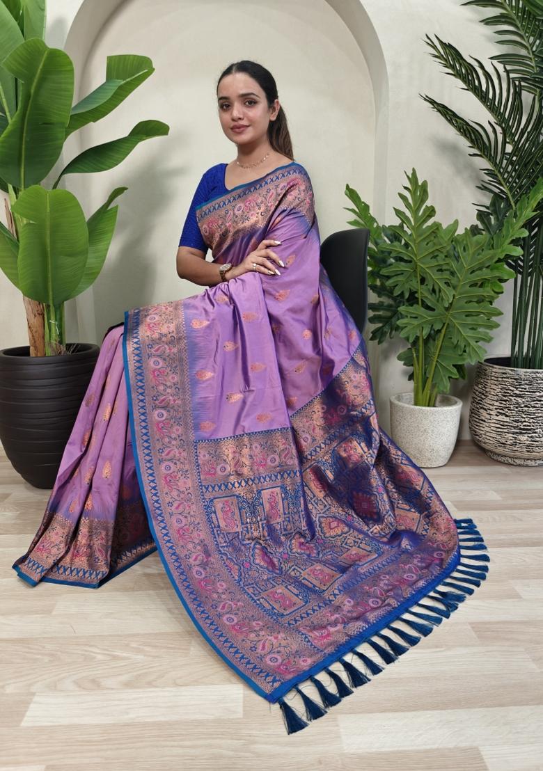 Lavender Zari Work Silk Saree Set - Indya