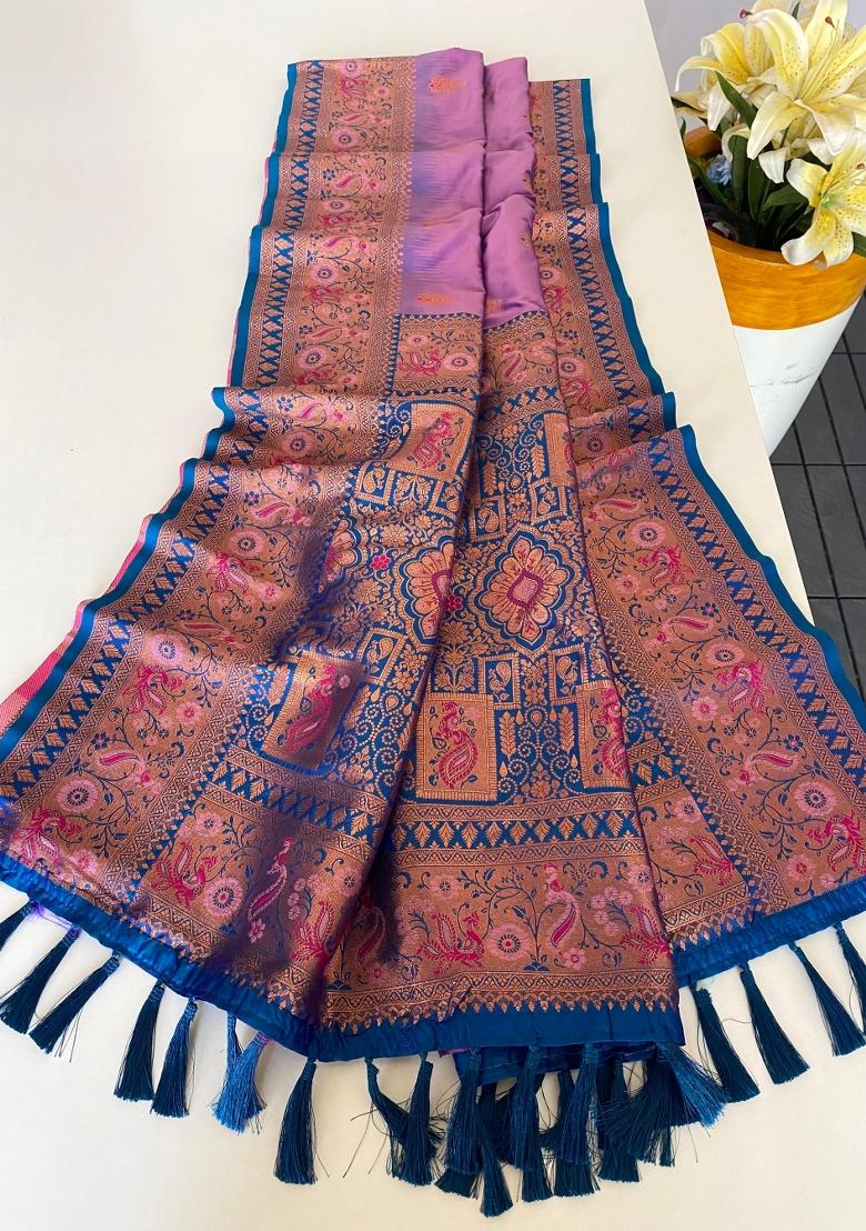 Lavender Zari Work Silk Saree Set - Indya