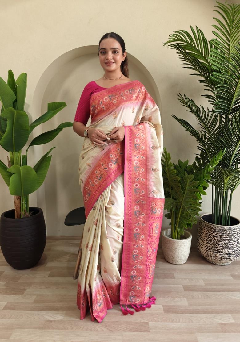 White Zari Work Silk Saree Set - Indya
