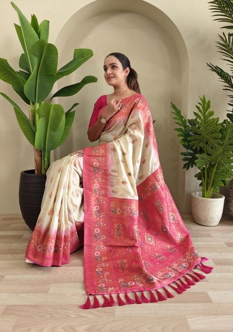 White Zari Work Silk Blend Saree Set