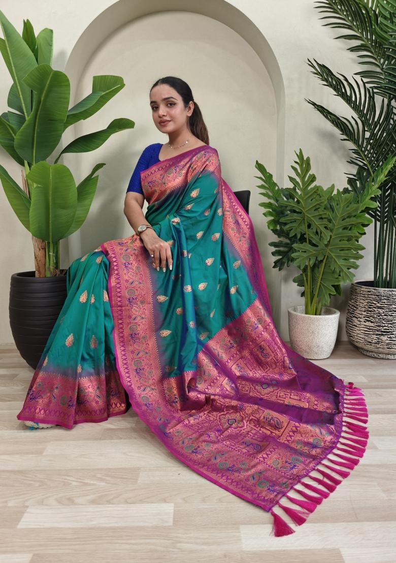 Rama Green Zari Work Silk Saree Set - Indya