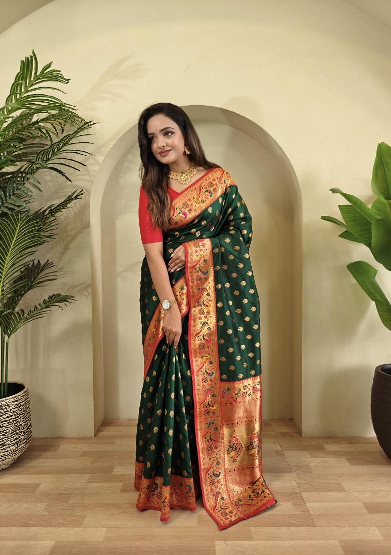 Green Zari Work Silk Saree Set - Indya