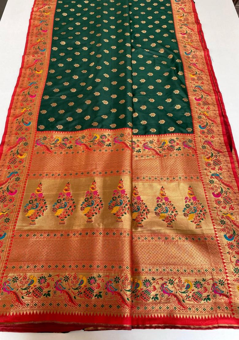 Green Zari Work Silk Saree Set - Indya