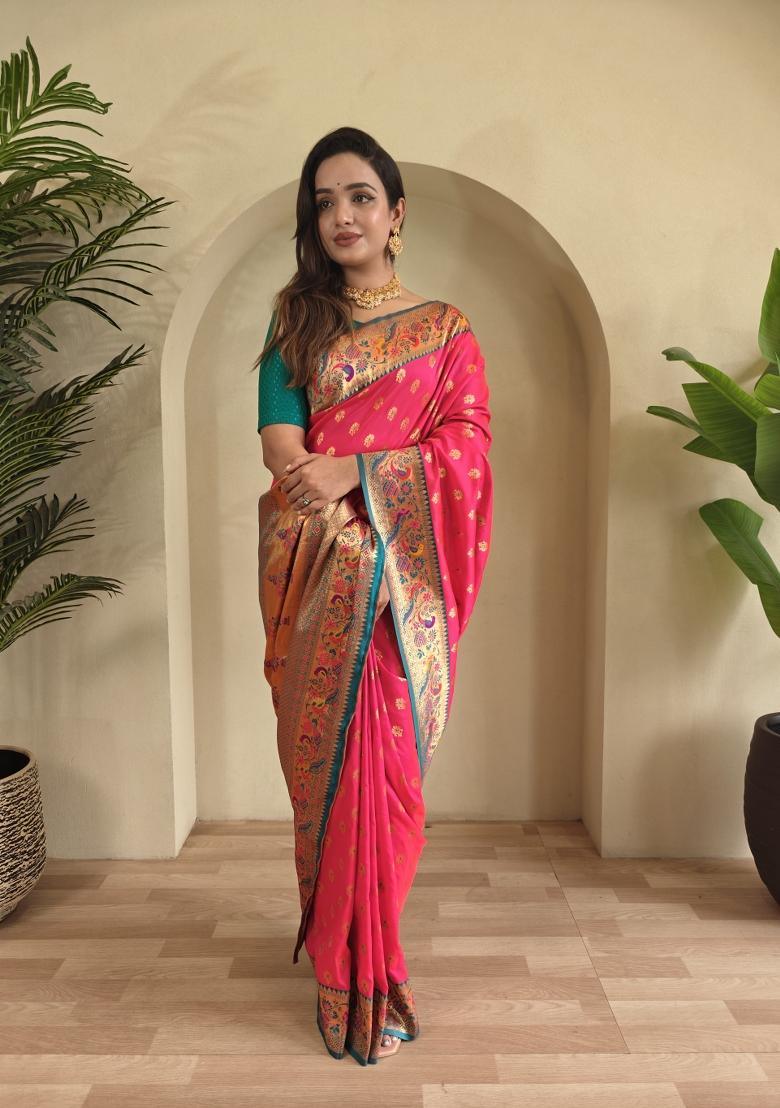 Pink Zari Work Silk Saree Set - Indya