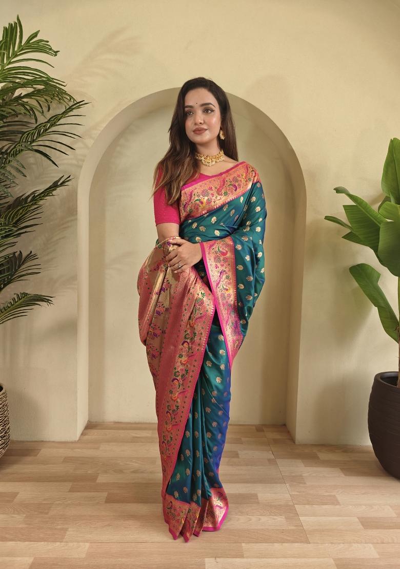 Rama Green Zari Work Silk Saree Set - Indya