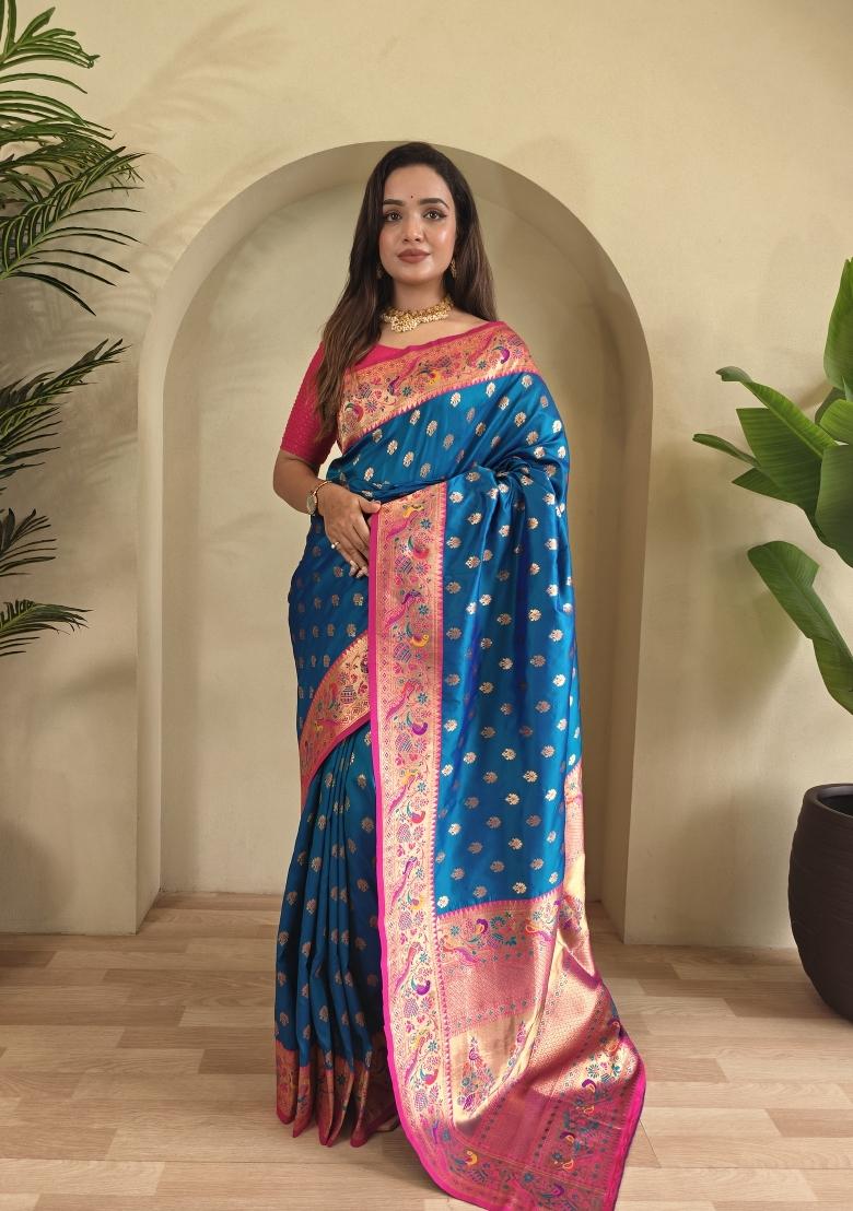 Teal Blue Zari Work Silk Saree Set - Indya