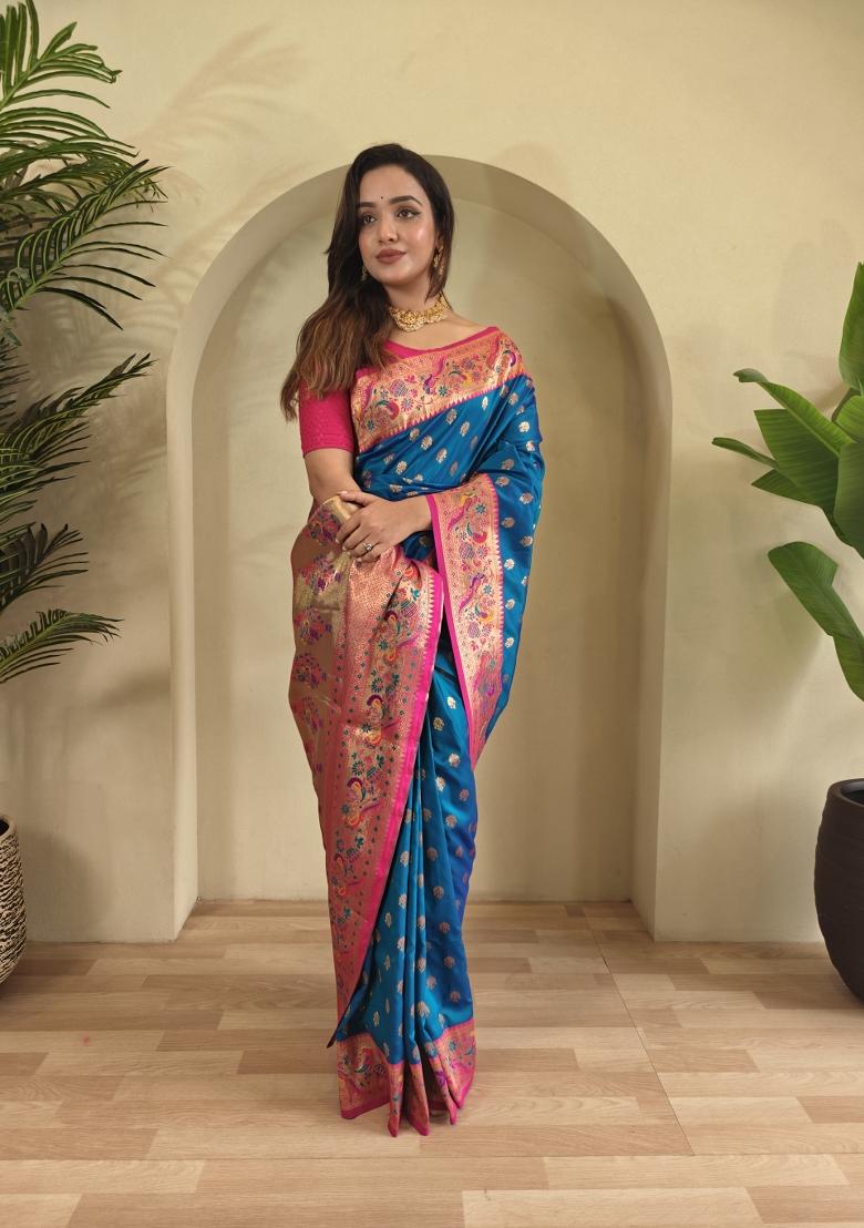 Teal Blue Zari Work Silk Saree Set - Indya