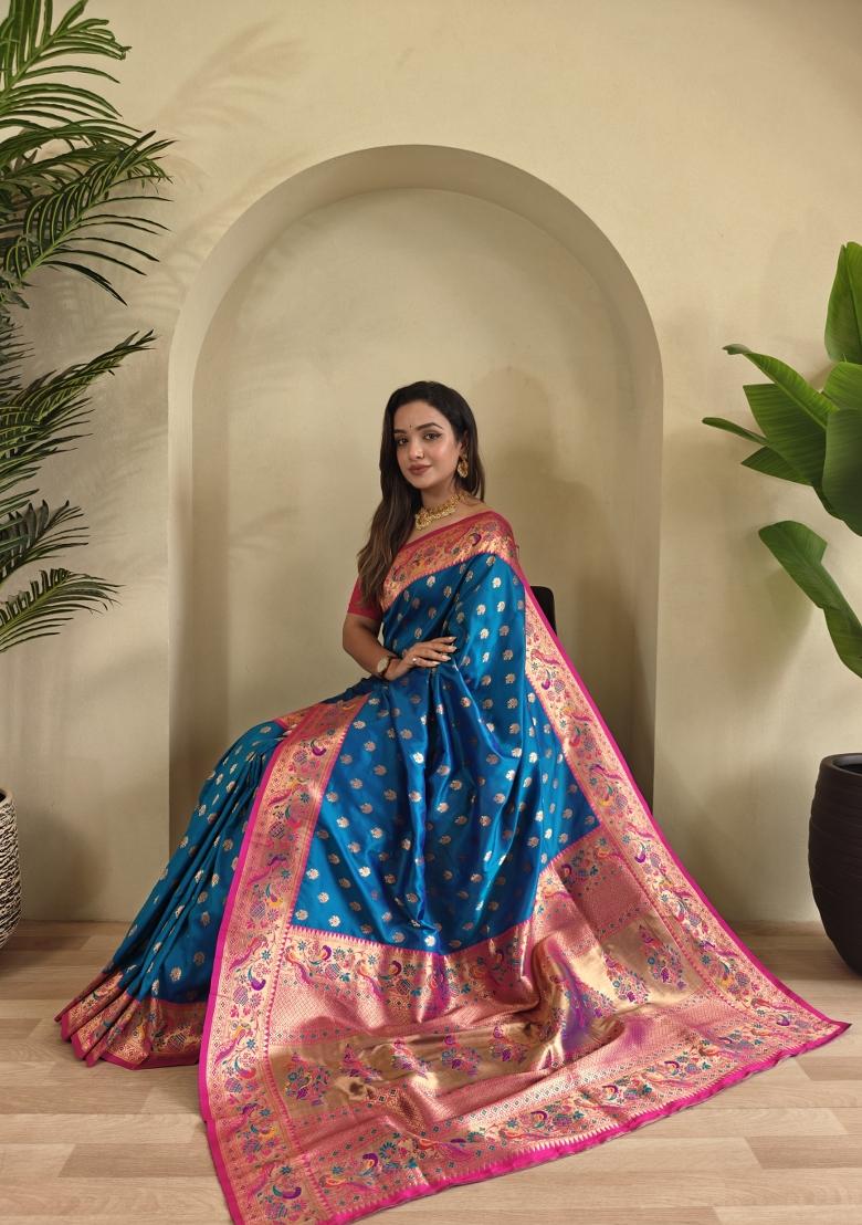 Teal Blue Zari Work Silk Saree Set - Indya