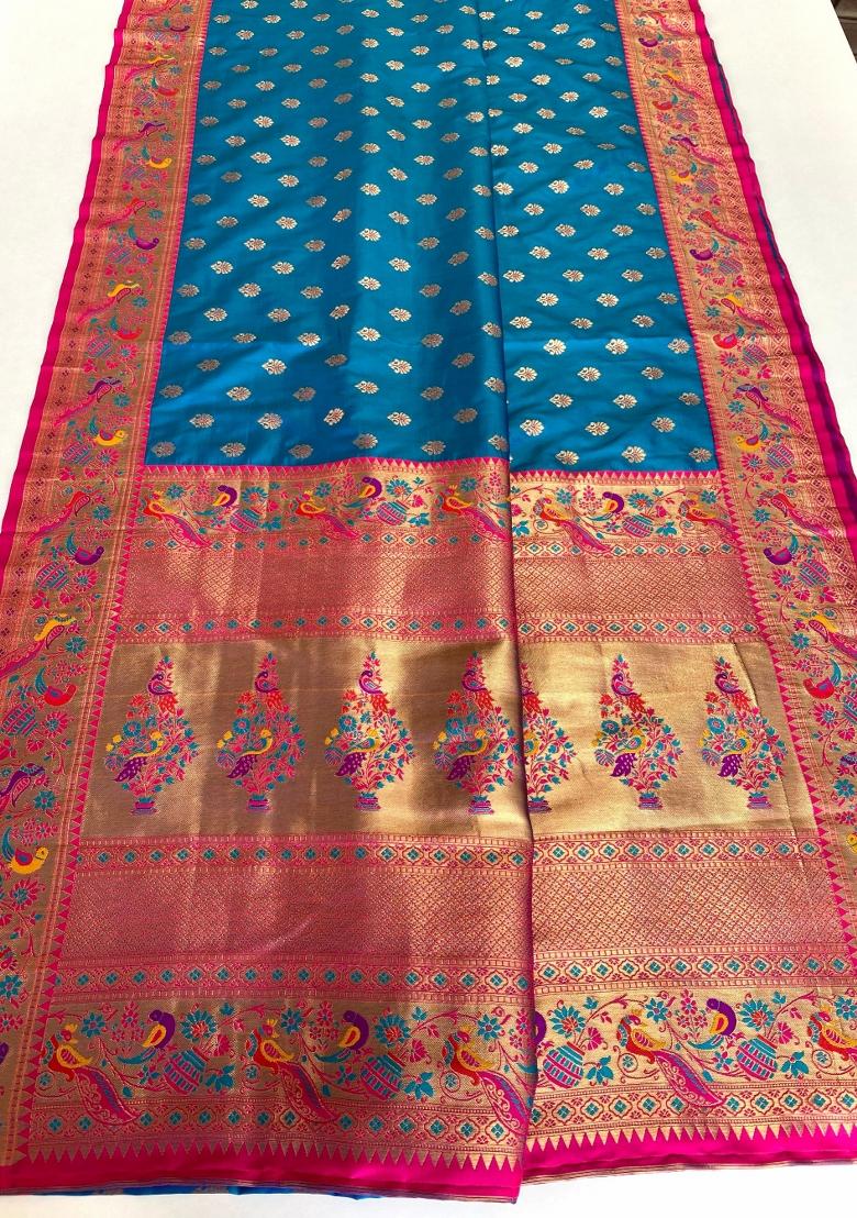 Teal Blue Zari Work Silk Saree Set - Indya