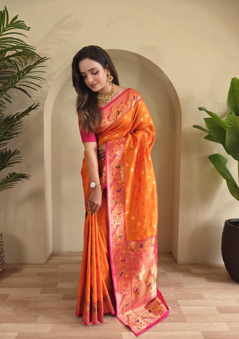 Yellow Zari Work Silk Saree Set - Indya