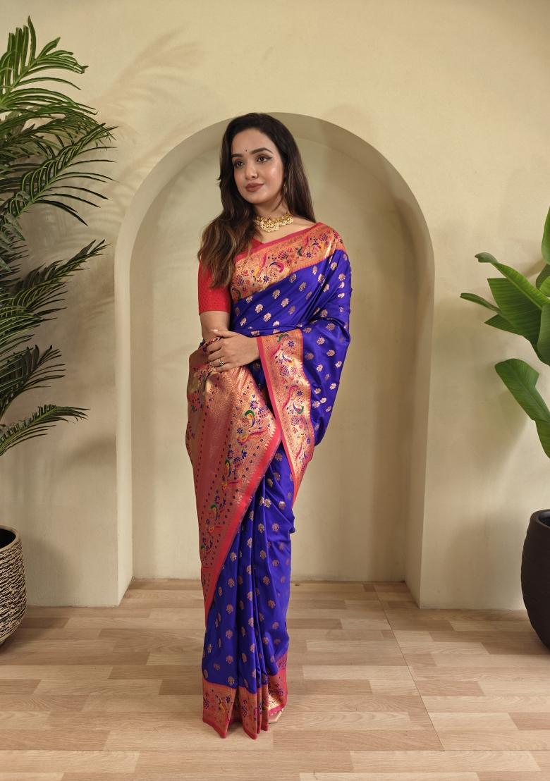 Violet Zari Work Silk Saree Set - Indya