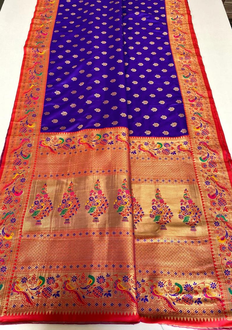 Violet Zari Work Silk Saree Set - Indya