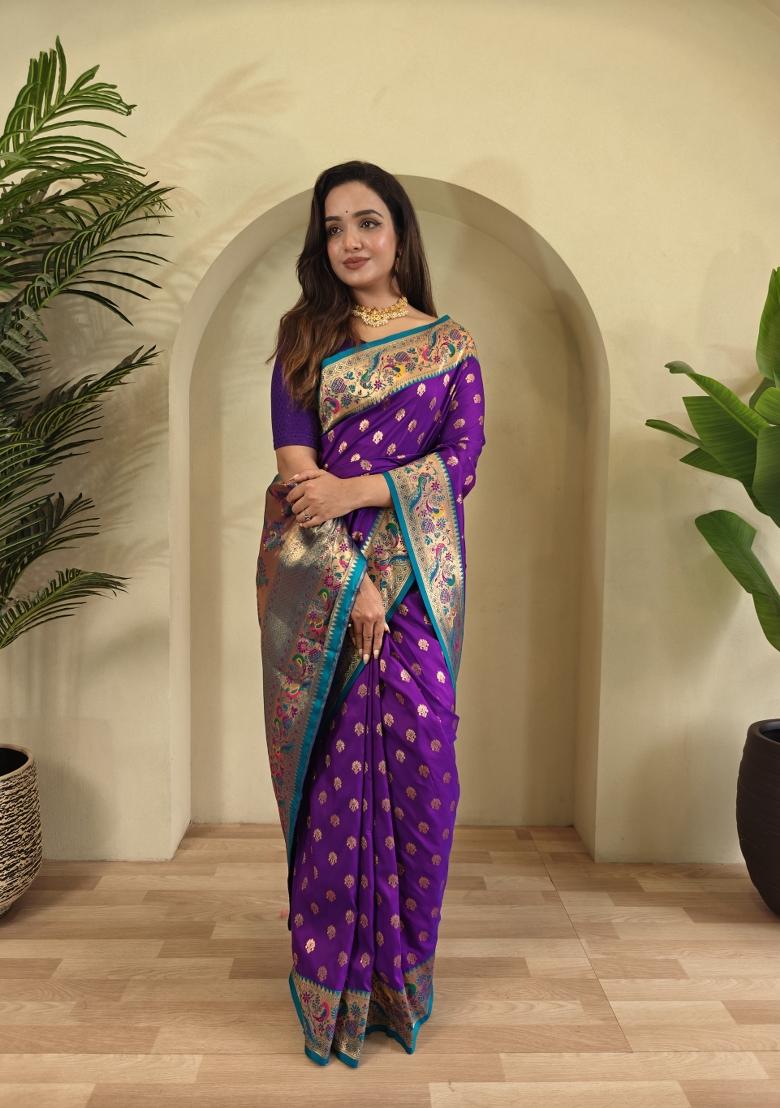 Wine Zari Work Silk Saree Set - Indya