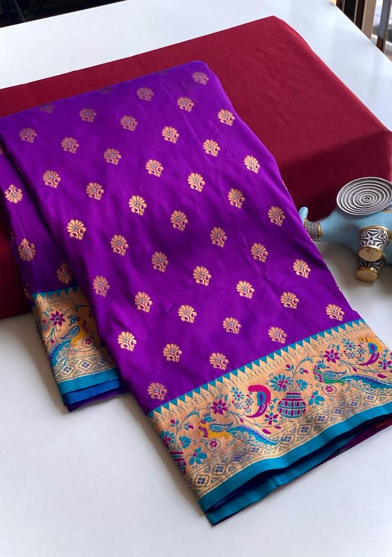Wine Zari Work Silk Saree Set - Indya