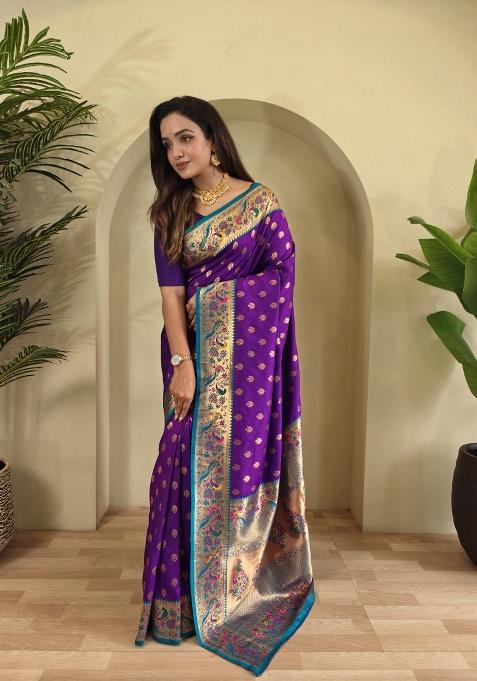 Wine Zari Work Silk Blend Saree Set