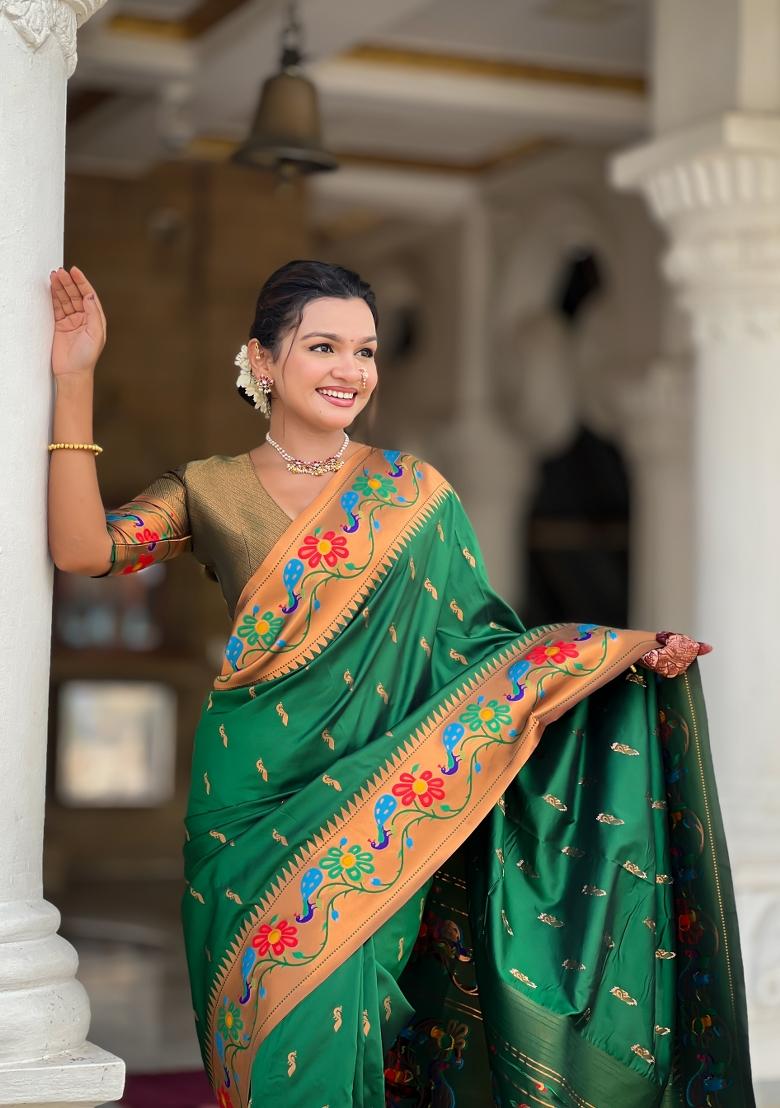 Green Zari Work Silk Saree Set - Indya