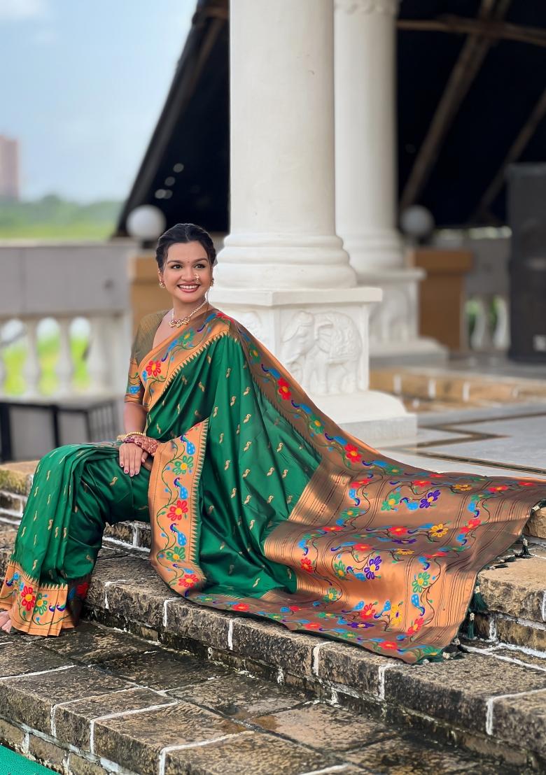 Green Zari Work Silk Saree Set - Indya