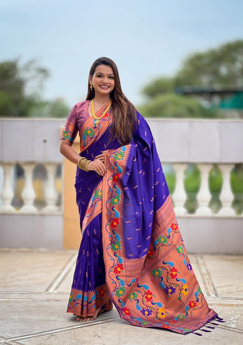 Violet Zari Work Silk Saree Set - Indya