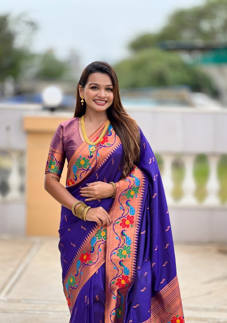 Violet Zari Work Silk Saree Set - Indya