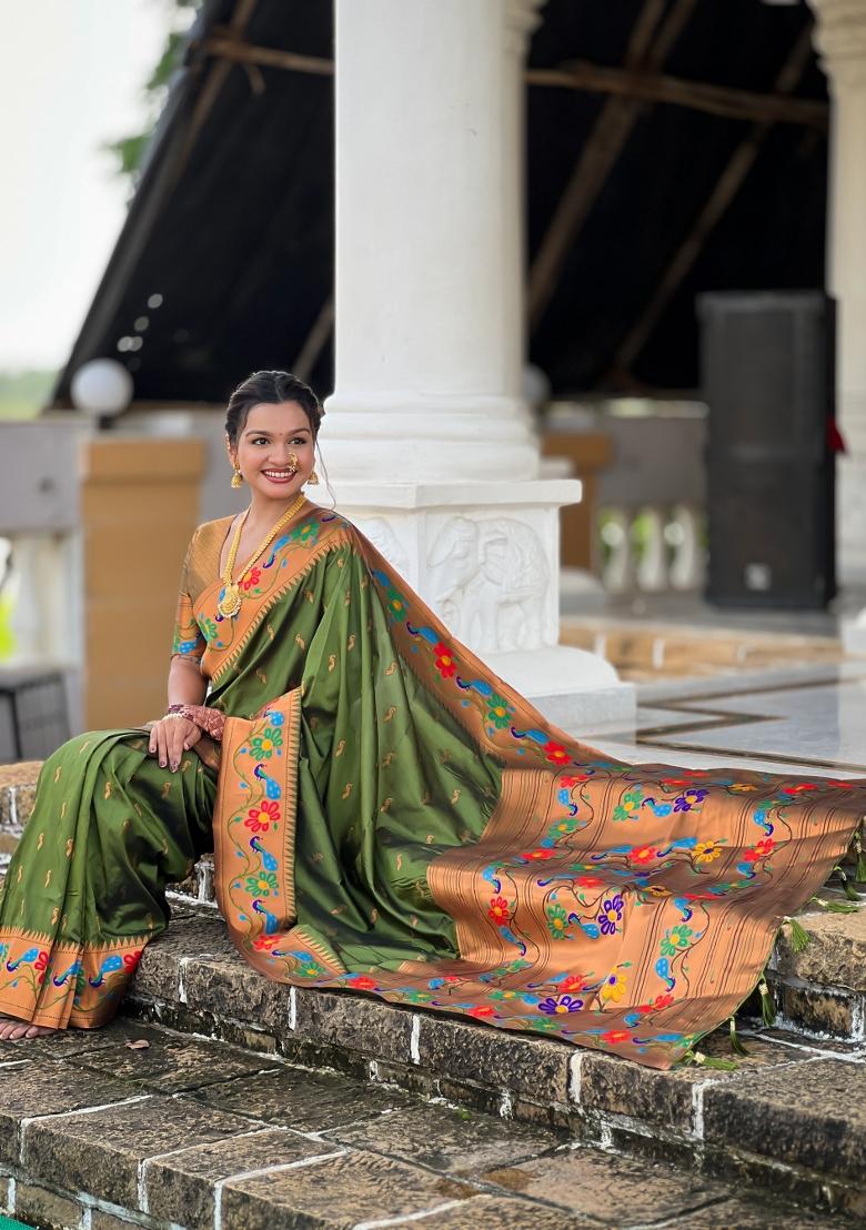 Parrot Green Zari Work Silk Saree Set - Indya