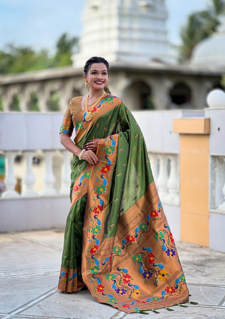 Parrot Green Zari Work Silk Saree Set - Indya