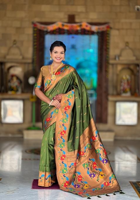 Parrot Green Zari Work Silk Saree Set