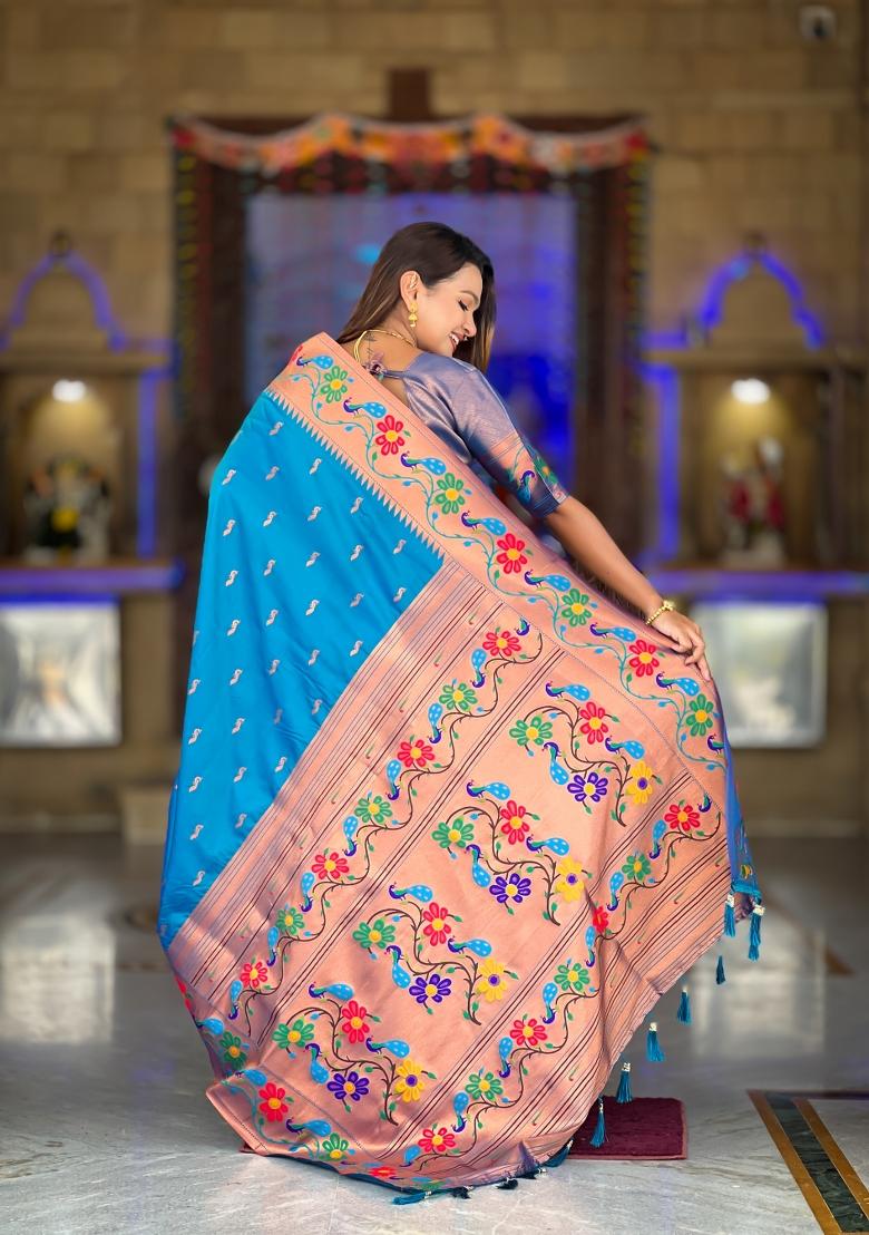 Sky Blue Zari Work Silk Saree Set - Indya