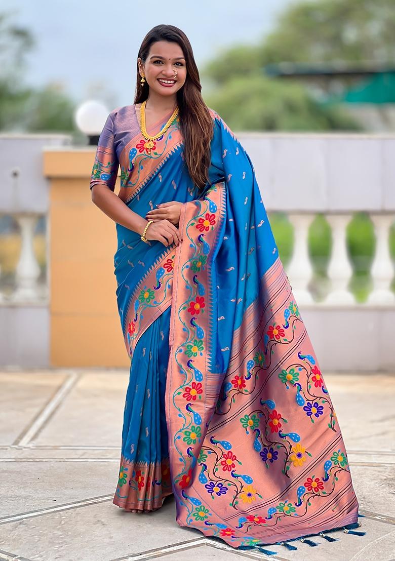 Sky Blue Zari Work Silk Saree Set - Indya