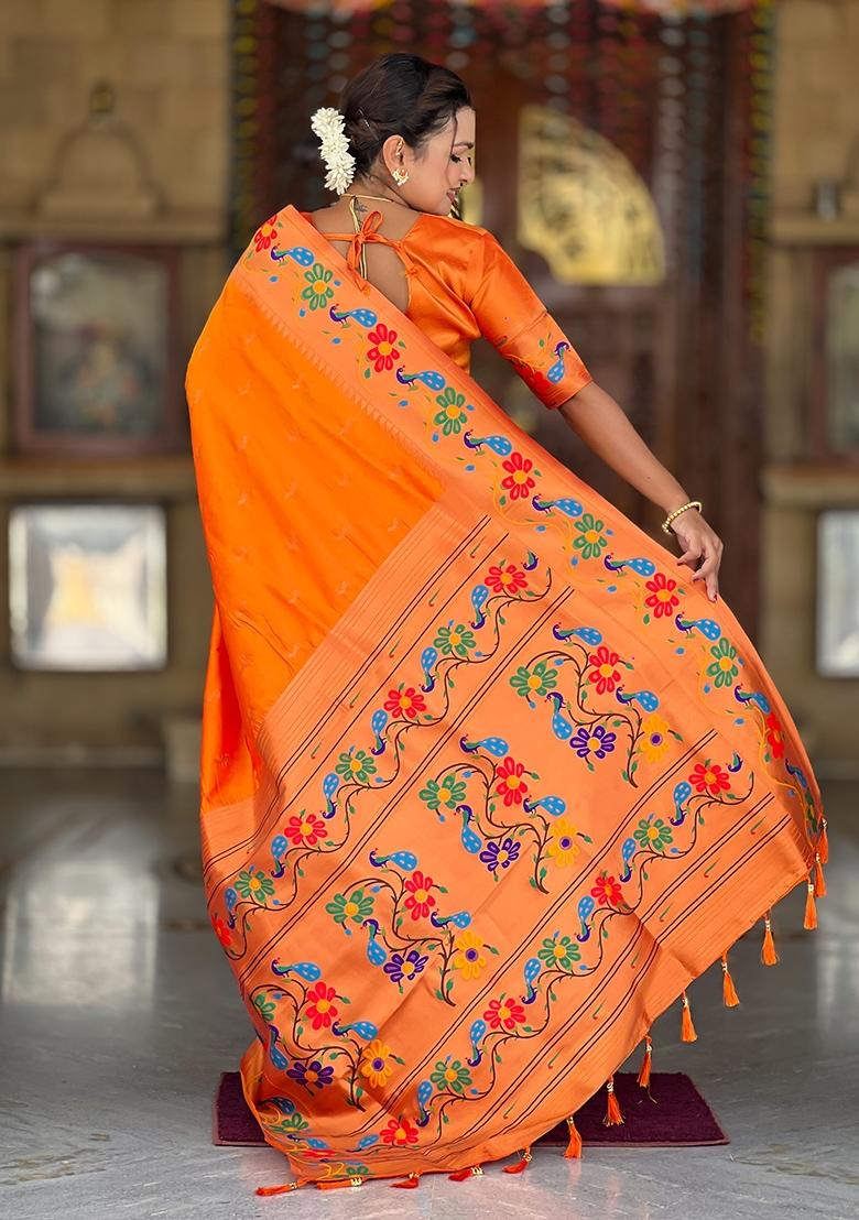 Orange Zari Work Silk Saree Set - Indya