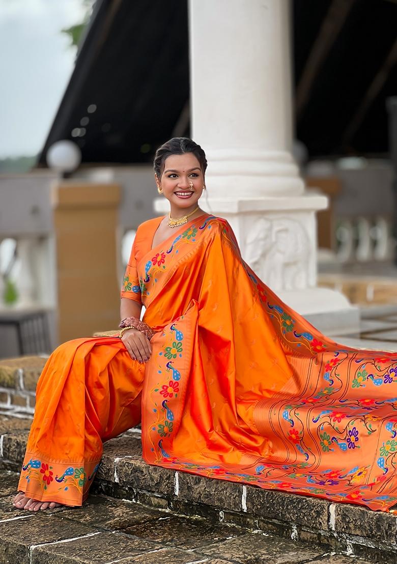 Orange Zari Work Silk Saree Set - Indya