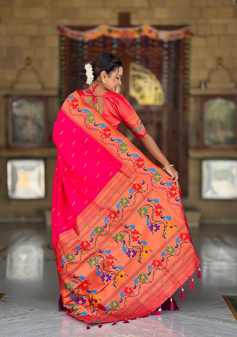 Pink Zari Work Silk Saree Set - Indya