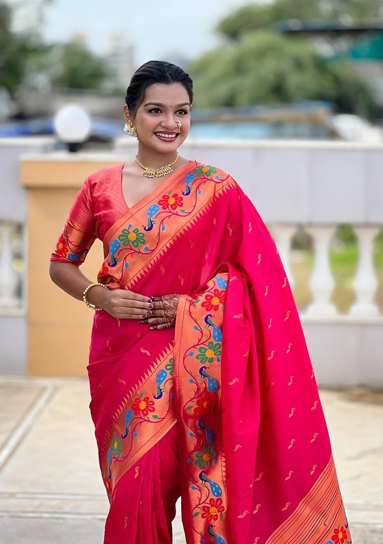 Pink Zari Work Silk Saree Set - Indya