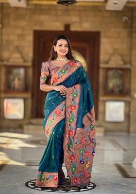 Teal Zari Work Silk Saree Set