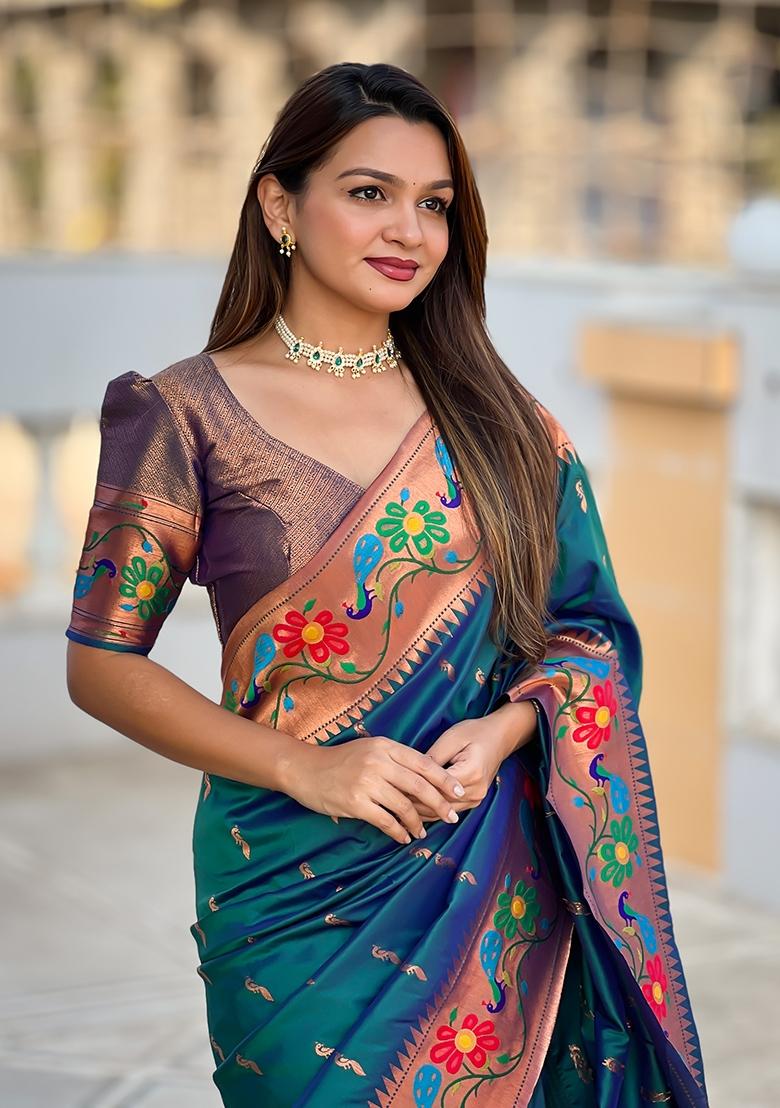 Teal Zari Work Silk Saree Set - Indya