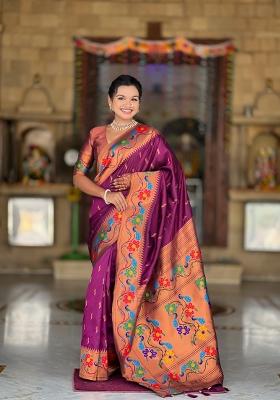 Wine Zari Work Silk Saree Set