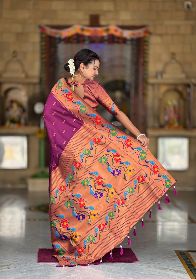 Wine Zari Work Silk Saree Set - Indya