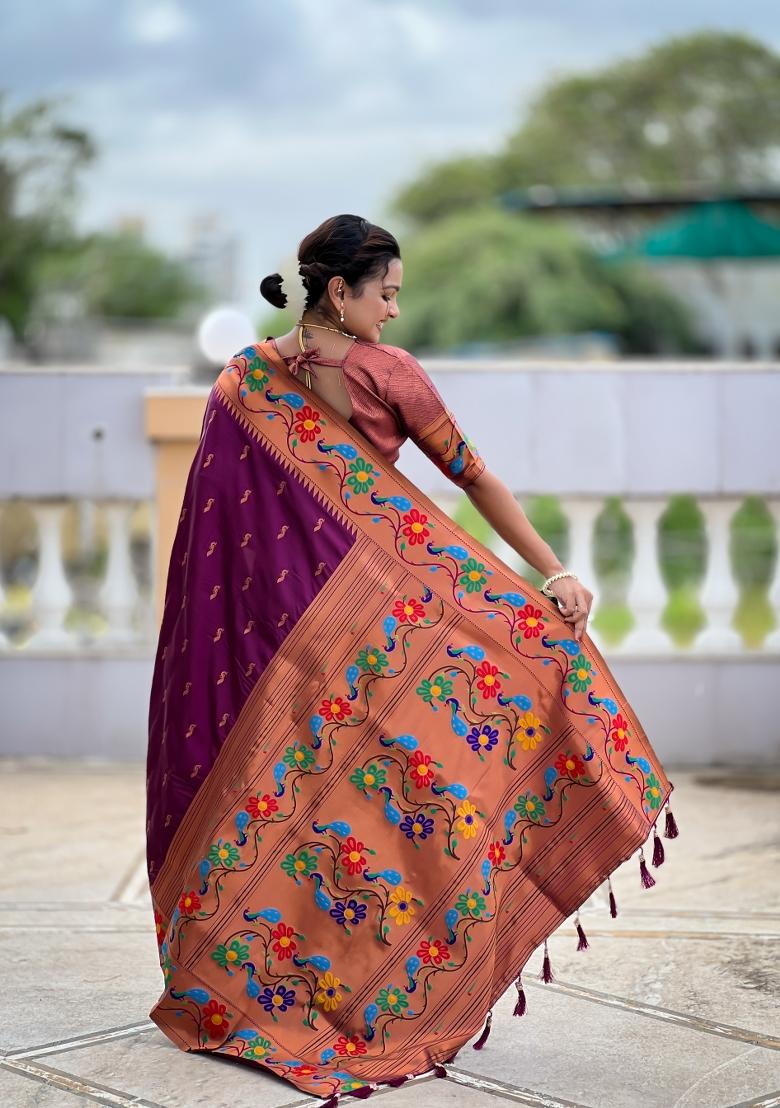 Wine Zari Work Silk Saree Set - Indya