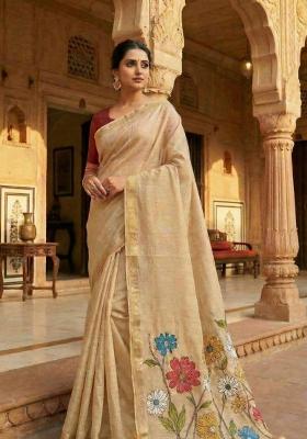 Cream Floral Print Cotton Saree Set