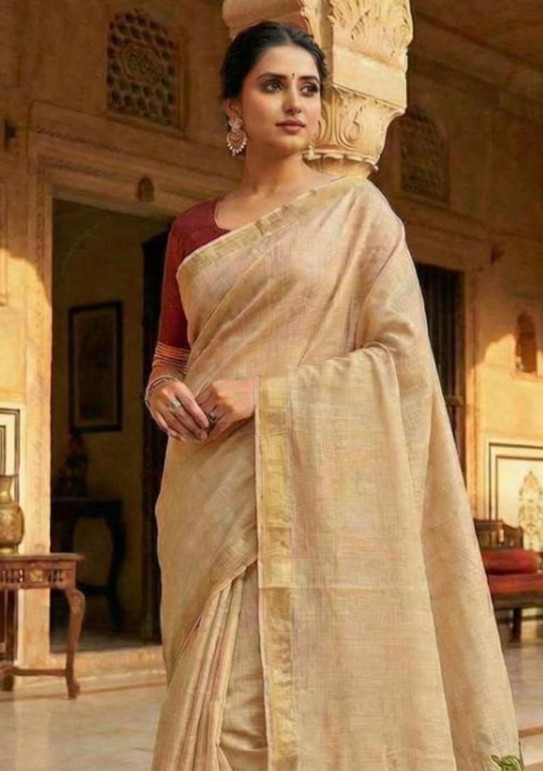 Cream Floral Print Cotton Saree Set - Indya